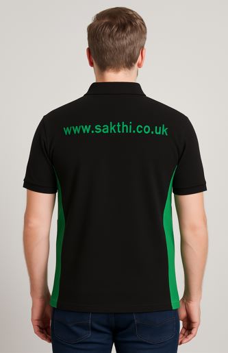 black polo shirt with website printed on back for Canada retail uniform