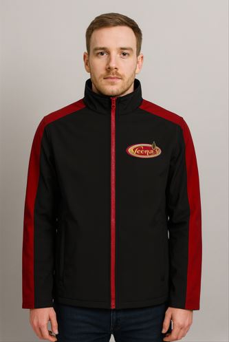 men’s red and black two-tone softshell jacket with chest logo for Canada hospitality staff